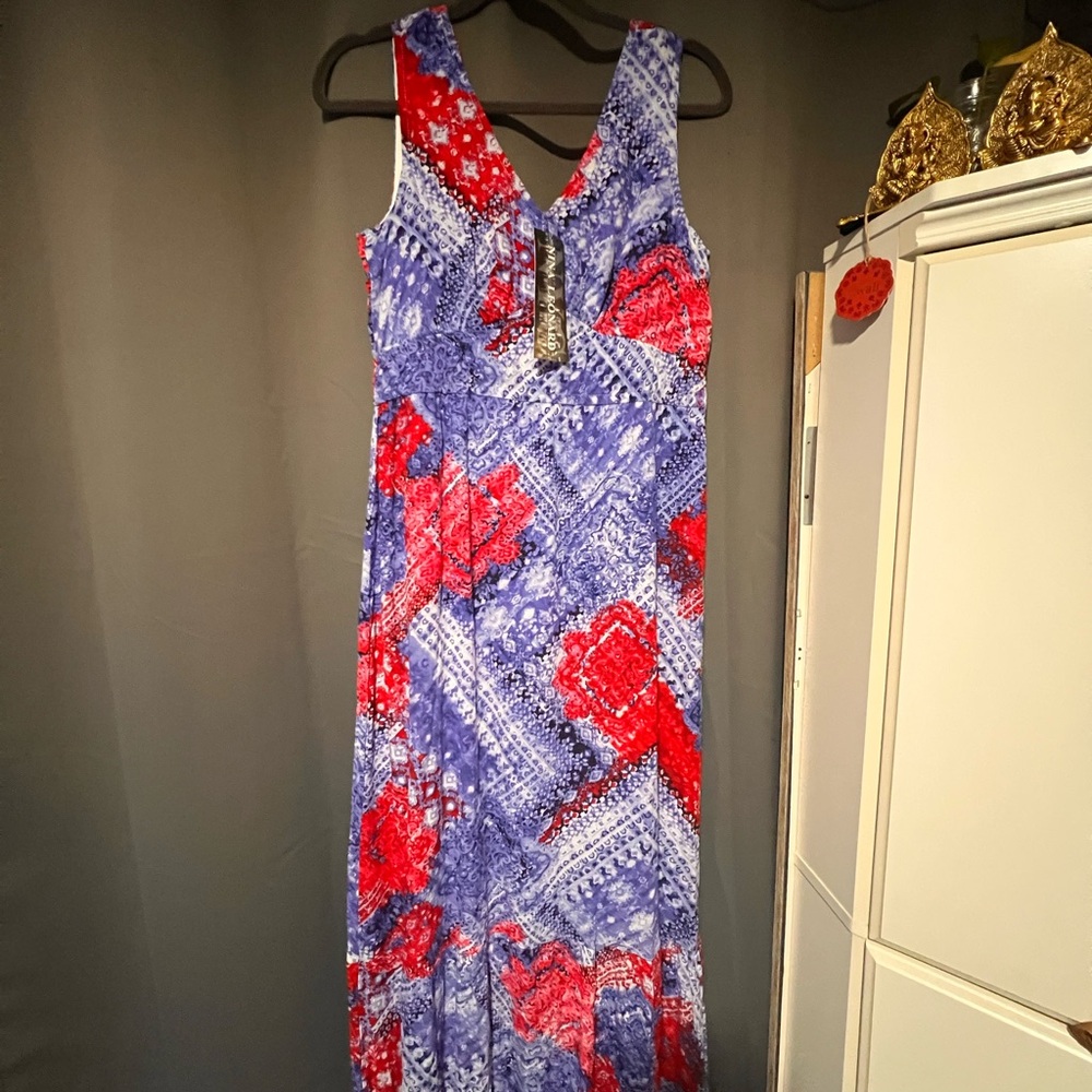 Nina Leonard Vibrant Red and Blue Maxi Dress